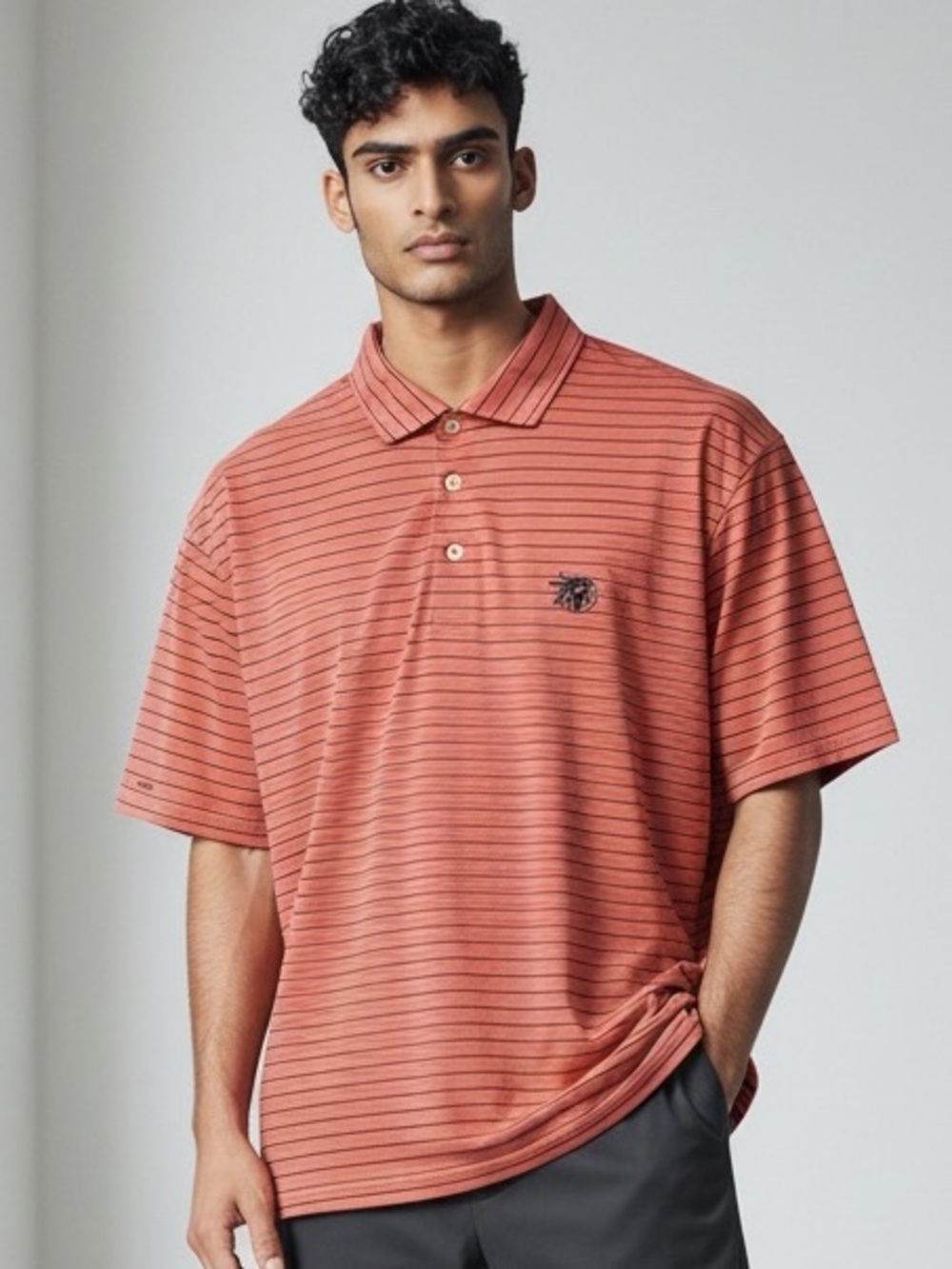 RLX Polo Ralph Lauren Salmon Pink & Blue Striped Polo Shirt - Men's Size Large